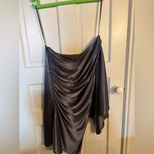 One shoulder, bell sleeve purple shiny cocktail dress